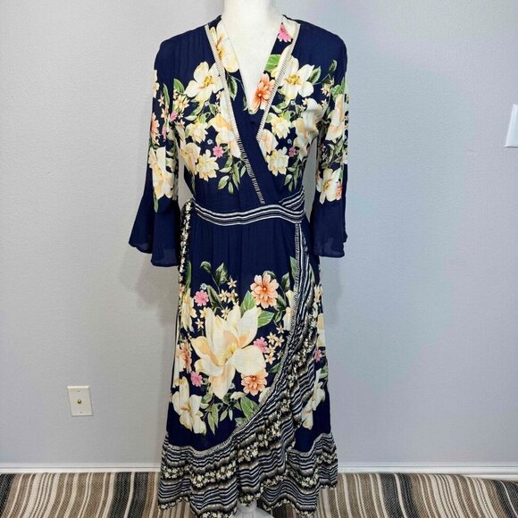 Farm Rio Anthropologie Midnight‎ Flower Wrap Dress 3/4 Sleeves Blue SP - Picture 3 of 16